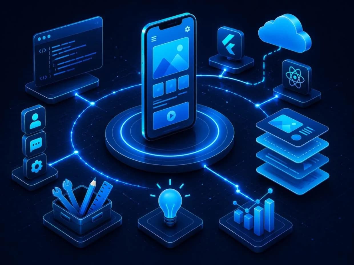 Illustration of a smartphone app screen surrounded by code, cloud, settings and analytics icons