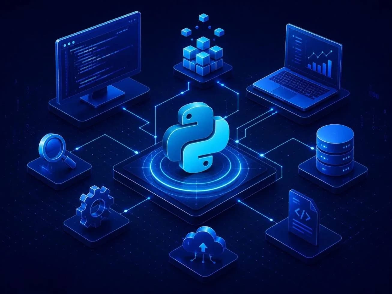 Illustration of the Python logo connected to a code editor, a laptop with charts, a database and cloud icons