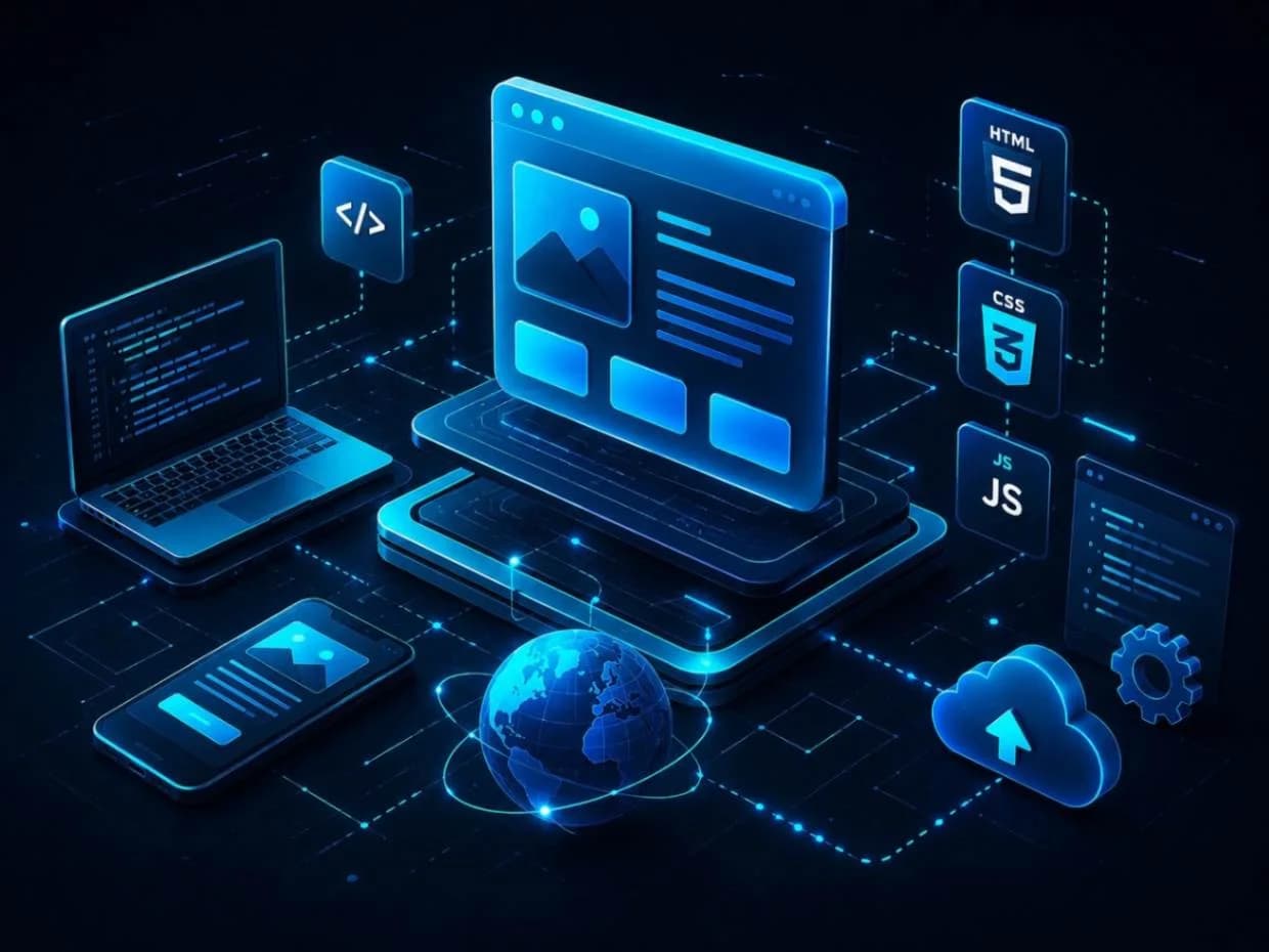 Illustration of a web page layout on a screen, connected to a laptop with code, a phone and HTML, CSS and JavaScript icons