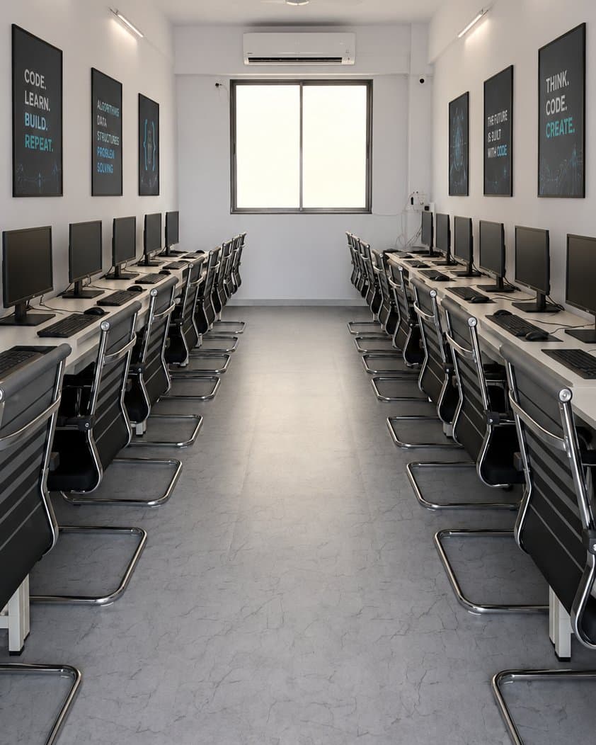 Coding Pro Academy's coding lab in Surat: two rows of computer workstations under wall posters reading “Code. Learn. Build. Repeat.” and “Think. Code. Create.”