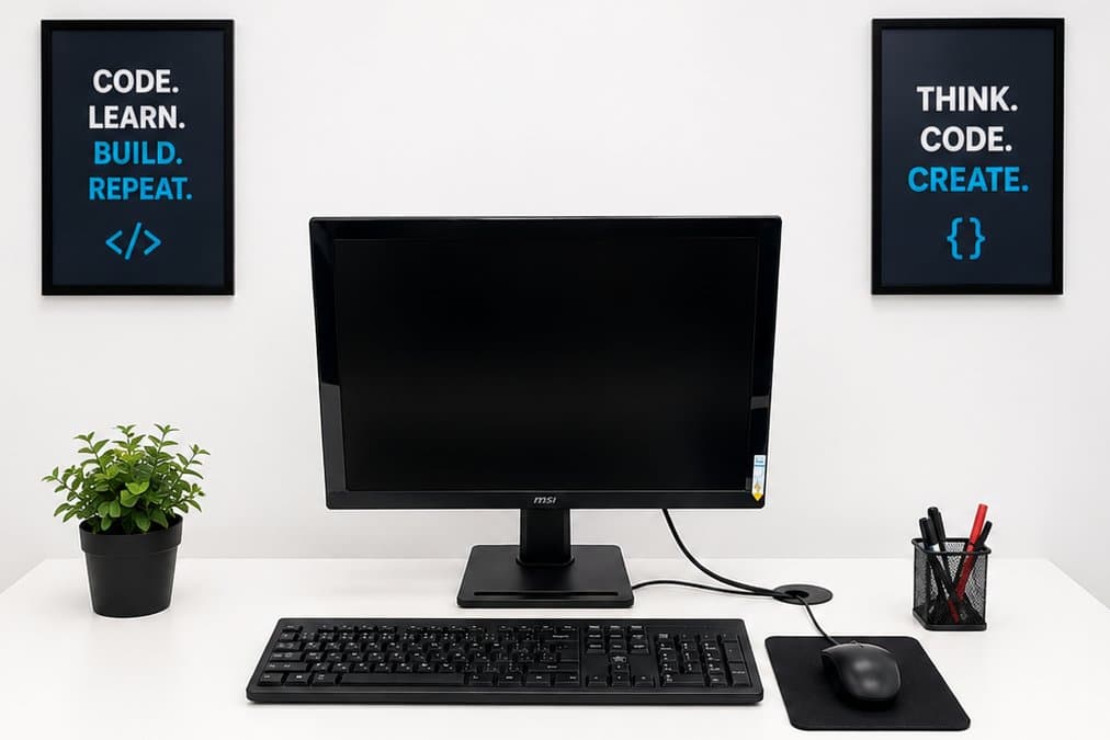 A computer workstation at Coding Pro Academy with a monitor, keyboard and mouse, between “Code. Learn. Build. Repeat.” and “Think. Code. Create.” posters