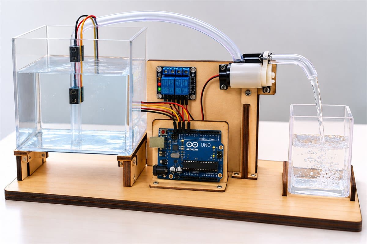 Automatic water filler model: a water tank with level sensors, a small pump and an Arduino board filling a glass container