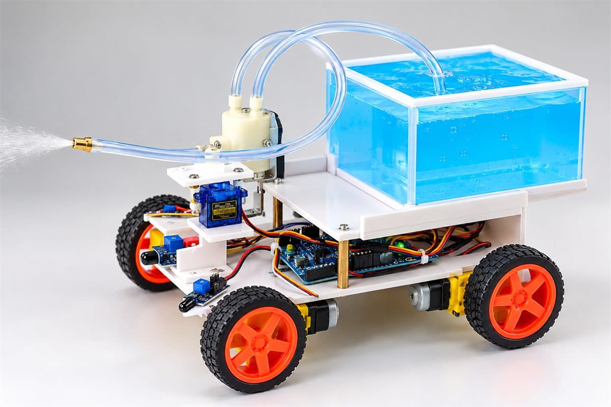 Four-wheeled fire fighter robot carrying a water tank, with a pump and spray nozzle mounted at the front