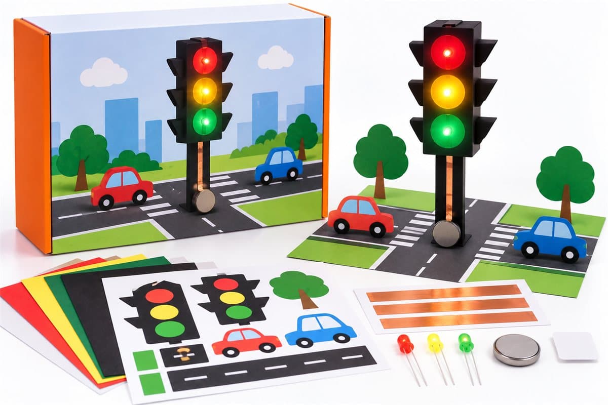 Paper-circuit traffic signal model glowing red, yellow and green on a paper road scene, with the kit's craft sheets, LEDs and copper tape