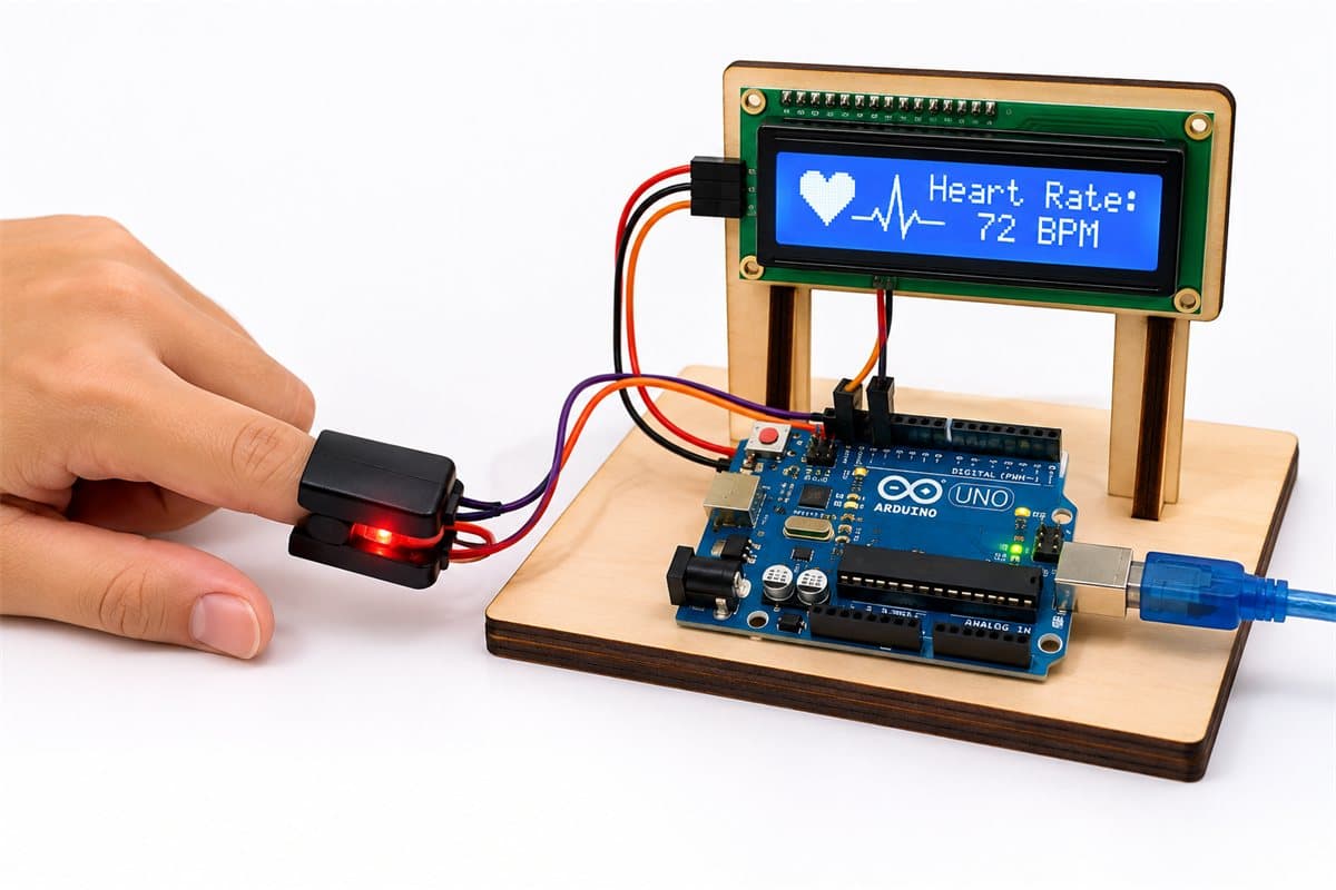 Fingertip pulse sensor wired to an Arduino board, with an LCD screen showing the heart rate in BPM