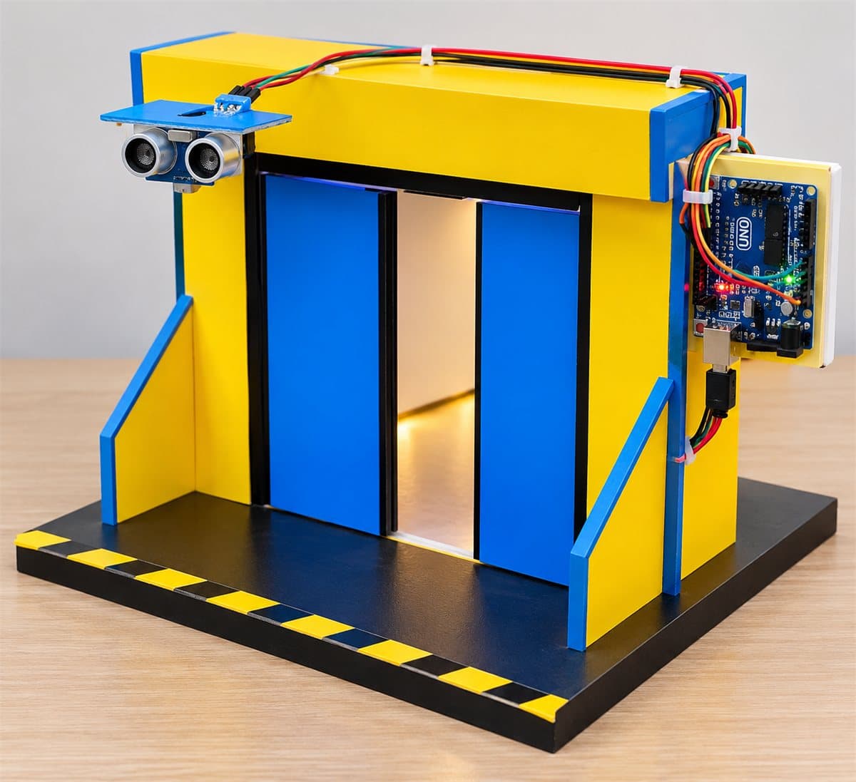 Automatic door model with sliding blue doors, an ultrasonic sensor above the doorway and an Arduino board mounted on the side