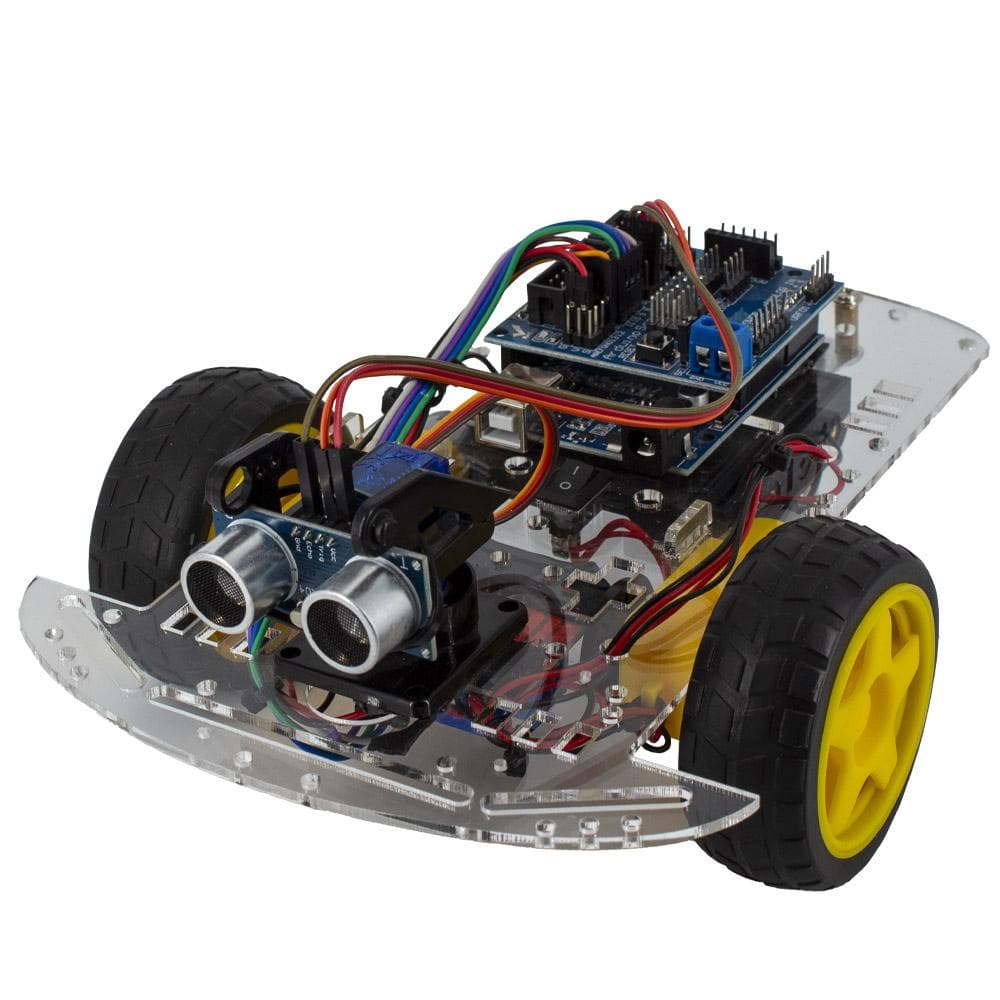 Two-wheeled robot car on a clear acrylic chassis with an ultrasonic sensor at the front and a controller board on top