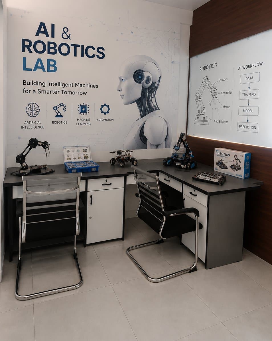 Coding Pro Academy's AI & Robotics Lab in Surat, with robotic arms, robot car models and robotics kits on the student workstations