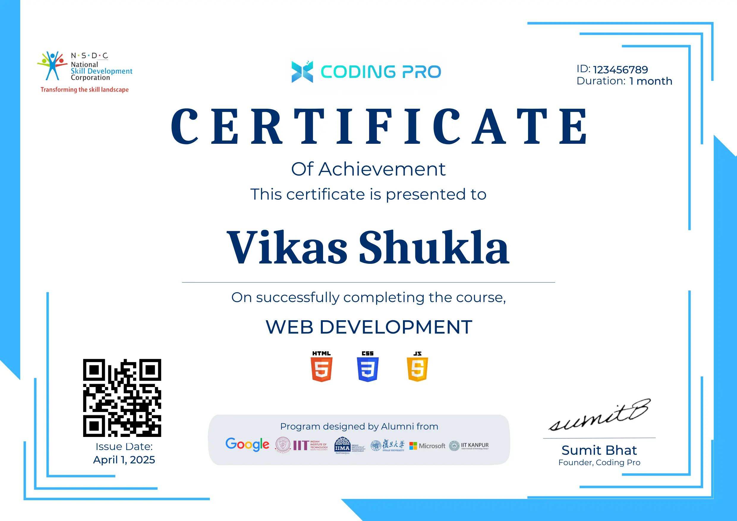 Sample Coding Pro Academy certificate of achievement